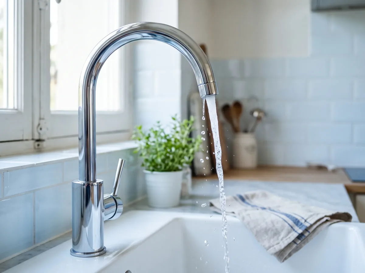 Robinet de cuisine laissant couler un filet d'eau claire